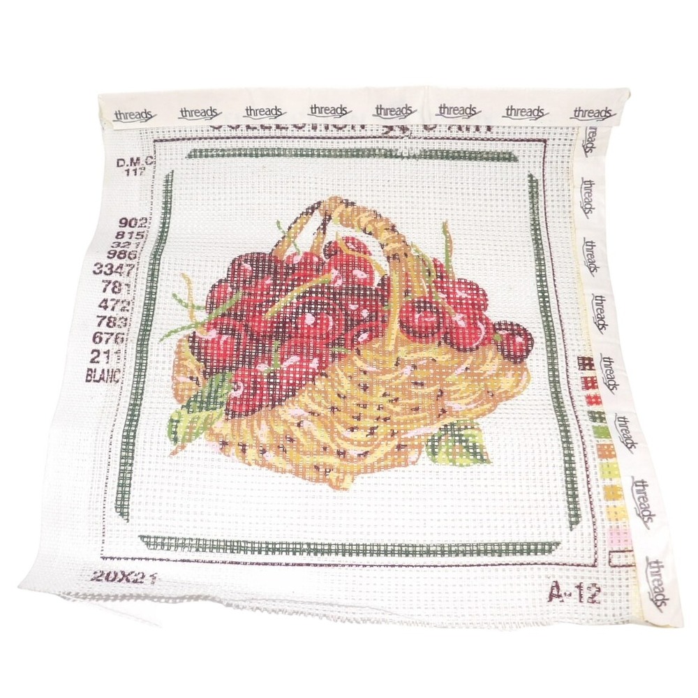 Threads Collection Cherry Basket Needlepoint Printed Canvas A-12 DMC Color Key